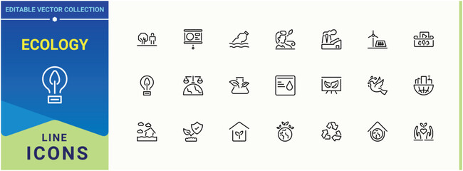 Ecology modern icon. Includes thin line symbols ecosystem, al, forest, eco and more. Environment icon. Thin linear style icons. Conceptual pictogram and infographic.