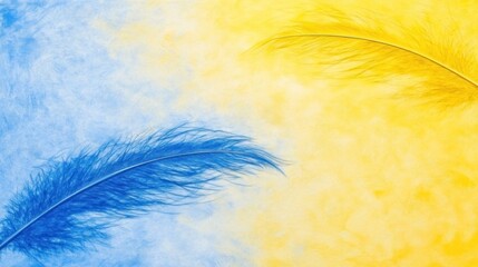 Obraz premium Two Colorful Feathers Displayed Against Yellow And Blue Backgrounds