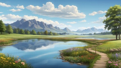 Illustration of a serene countryside landscape featuring a clear pond in the foreground