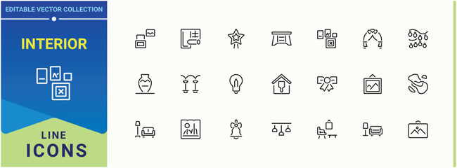 Interior related icon. Includes thin line symbols art, decor, furniture, room and more. Decoration vector line icon set. Thin outline icons pack. Art and illustration.