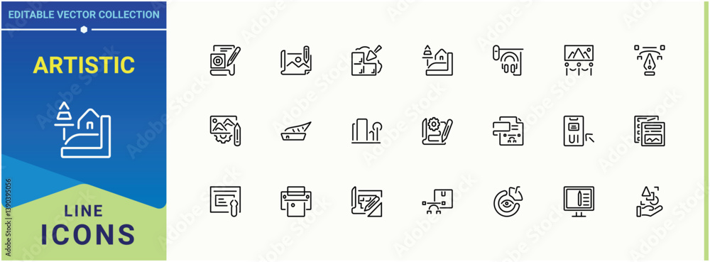Poster artistic icon collection. design icon set. paint perfect for logos and infographic. minimal thin lin