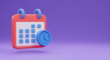 A playful 3D calendar and clock icon symbolizing time management and scheduling against a soft purple background.