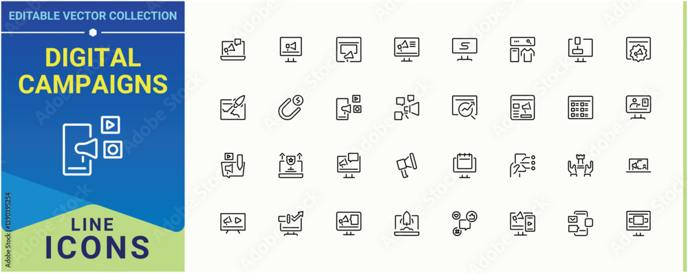 Aufkleber digital campaigns line icon. digital marketing simple icon. website line icons with editable stroke.