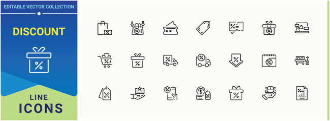 Set of Discount line icon. Contains related to shop, coupon, commerce, off, payment, business and more. Vector icons collection. Coupon icon set. Editable vector stroke.