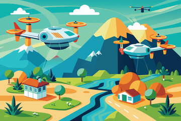 A cartoon illustration featuring three drones flying over a colorful landscape with mountains, rivers, trees, and two houses.