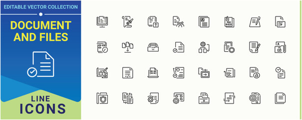 Document And Files icon pack. Featuring list, paper, document, report and more. Web icons pack. Document icon set. Vector illustration in modern line style.