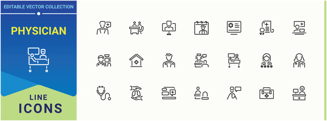 Physician line icon. Included nurse, clinic, medicine, medical and more. Doctor icon set. Outline symbol collection. Editable stroke. Vector collection.