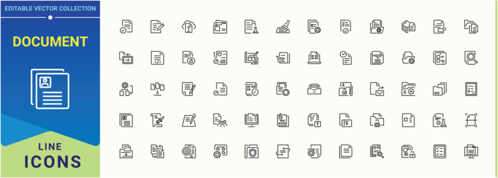 Document icon set. Contain linear sign report, page, list, file, form and more. Files icon pack. Thin icons set. Pixel perfect. Vector illustration.