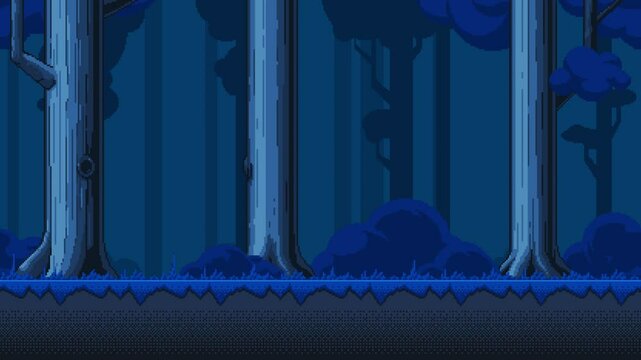 Night forest pixel art landscape animation. Animated seamless loop background with bushes and trees. 8-bit pixelated template for computer game or application.