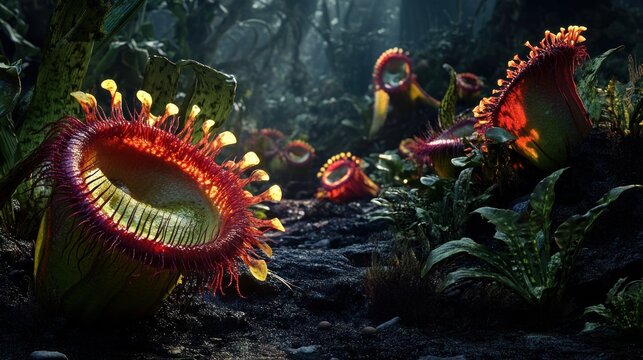 Carnivorous plants in a lush, dark forest, illuminated by a light source