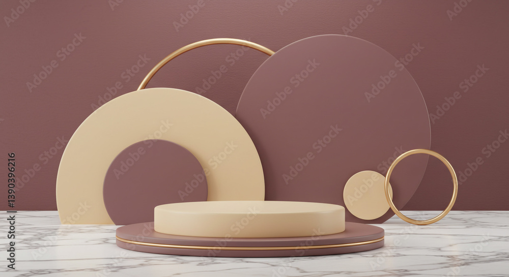 Poster elegant beige and mauve geometric display platform on a marble surface, showcasing a sophisticated a