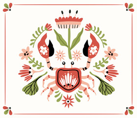 Folk hygge ready to use vector ocean print in Scandinavian style, folkloric isolated design on white. Composition with classic ethnic elements. Scandi folk motifs - sea animals, fishes and flowers