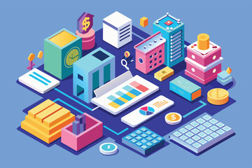 Obraz premium An isometric illustration featuring colorful buildings, financial symbols, and data visualizations, representing the interconnectedness of business and finance.