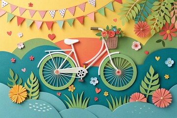 World bicycle day colorful background in paper cut style. Eco friendly bicycle concept - generated by ai