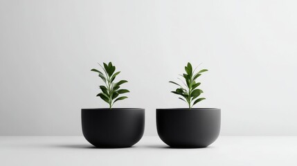 Obraz premium Two small plants in dark grayblack bowls