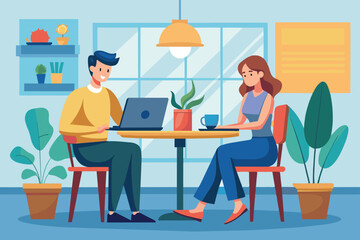 Fototapeta premium A man and a woman are sitting at a table in a cafe, working on their laptops. They are both smiling and appear to be enjoying their work.