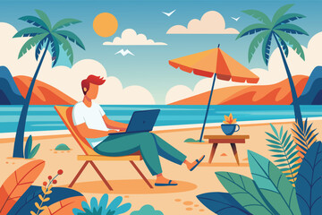 A man sits on a beach chair with a laptop in his lap, working while enjoying a tropical beach setting with palm trees, an umbrella, and a clear blue sky.