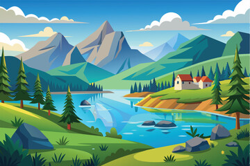 A peaceful illustration of a mountain lake surrounded by green hills, trees, and houses on a sunny day. The water reflects the bright sky and clouds.