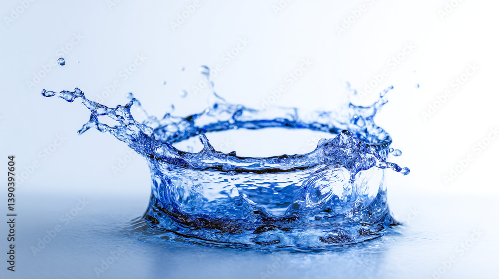 Poster close up shot of a water droplet splashing and creating a crown shape on a white background surface