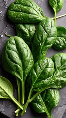 Obraz premium Fresh spinach leaves arranged on a dark surface with water droplets glistening under soft light in a kitchen setting