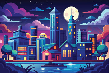 An illustration of a city skyline at night with a full moon in the sky. The buildings are colorful and illuminated with lights, and there is a river or canal in the foreground.