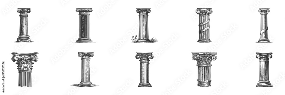Poster ancient greek and roman architectural columns illustration set in vintage style. classical architect