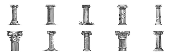 Obraz premium Ancient Greek And Roman Architectural Columns Illustration Set In Vintage Style. Classical Architecture And Design Elements In Hand Drawn Sketch Style. Isolated Vector Illustration