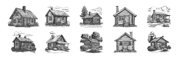 Rustic Log Cabin Illustrations Set In Vintage Style. Traditional Architecture And Countryside Living In Hand Drawn Sketch Style. Isolated Vector Illustration