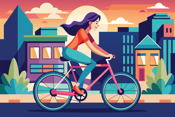 Fototapeta premium A woman rides a pink bicycle down a city street with colorful buildings in the background as the sun sets.