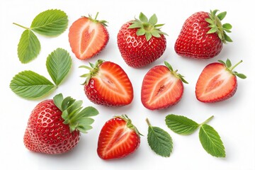 Set of ten juicy, vibrant strawberries, both whole and halved, with leaves, isolated on a white background. (Strawberry)
