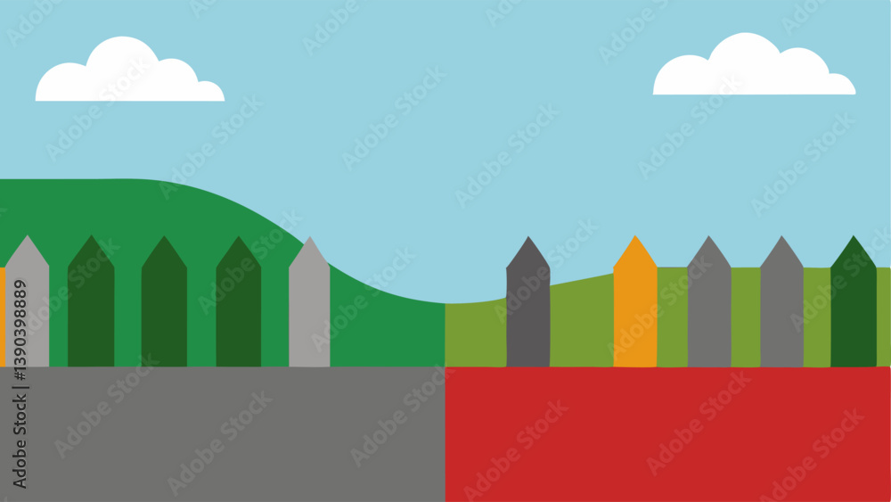 Poster distant borders a depiction of a border fence with a clear divide between two landscapesone colorful