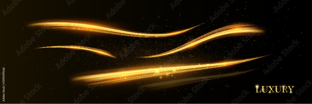 Aufkleber golden light trail with glowing particles on dark background, abstract motion and speed concept.