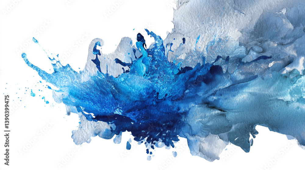 Poster abstract splash of blue and white paint creating a dynamic and fluid artistic expression on white ba