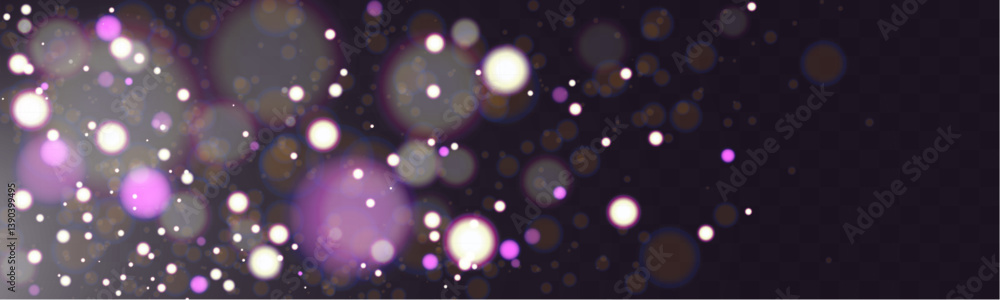 Poster abstract magical glowing bokeh lights on dark background with purple and gold sparkles, soft blurry 