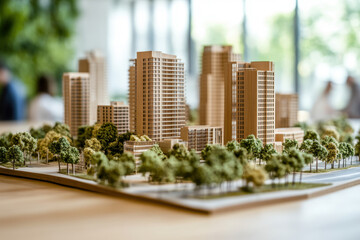 Model city with trees and buildings, miniature scale, detailed architecture, surrounded by greenery, realistic layout, master plan demonstration.