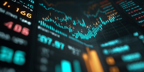 Close-up of glowing teal and orange stock market data displayed on a dark screen, showcasing dynamic financial information, representing market trends and investment opportunities