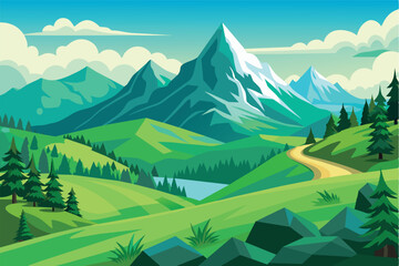 A scenic illustration of a winding road through a lush green valley, with towering mountains in the background, including a snowcapped peak.