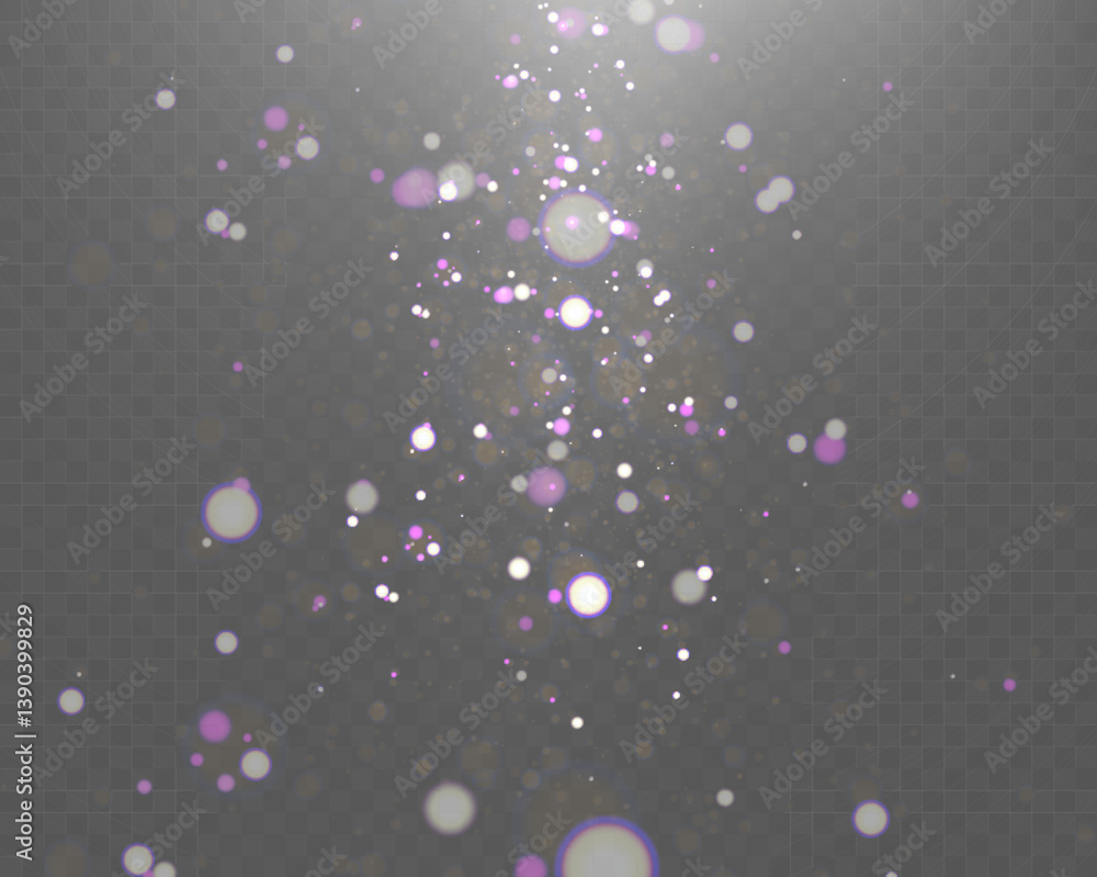 Poster abstract magical glowing bokeh lights on dark background with purple and gold sparkles, soft blurry 