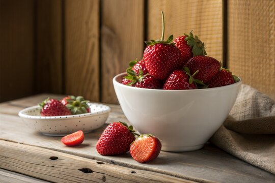 Fresh strawberries in a white ceramic bowl against a wooden backdrop. (Strawberry)
