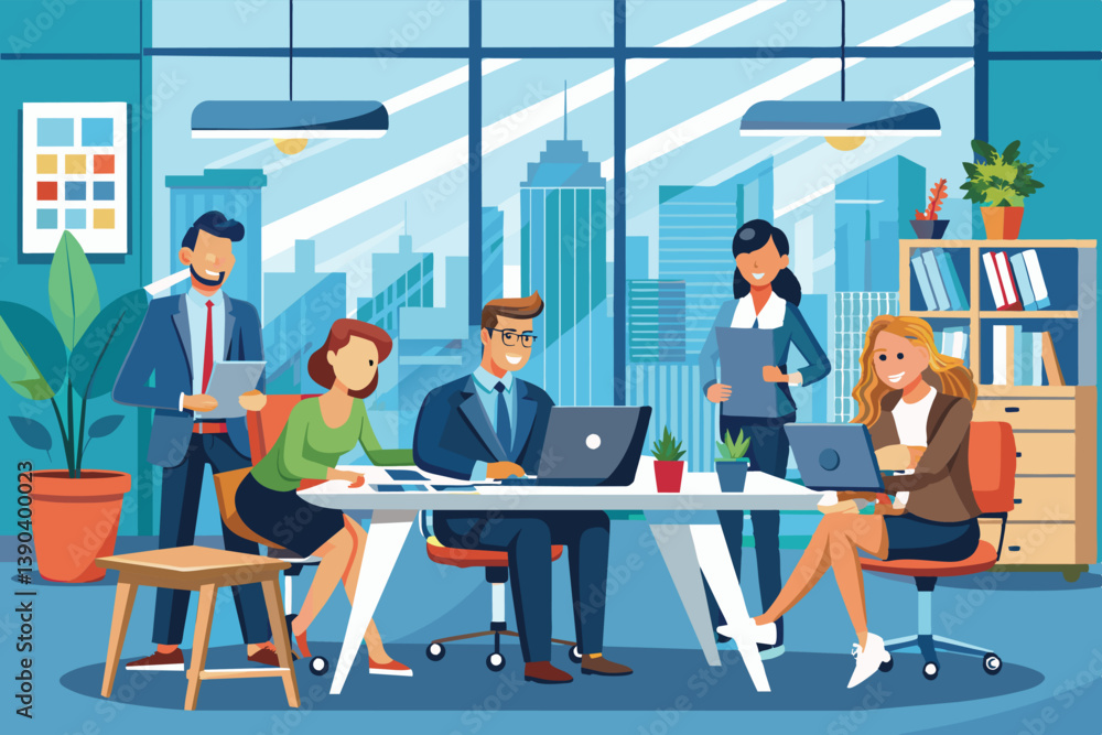 Poster a group of office workers are collaborating on a project in a modern office setting, using laptops a