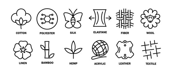 fabric icon set. clothing product materials symbol set. cotton, polyester, silk, elastane, fiber, wool, linen, bamboo, hemp, acrylic, leather, textile png and vector on transparent background