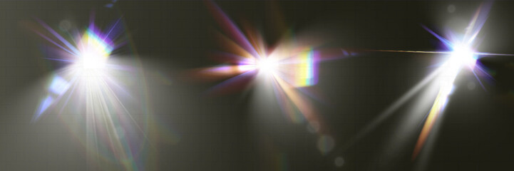 Glowing light effects with transparency, lens flare, radiant beams, starbursts, and luminous sparkles for overlays and design.
