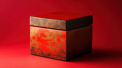 A decorative red and gold lacquered box with its matching lid