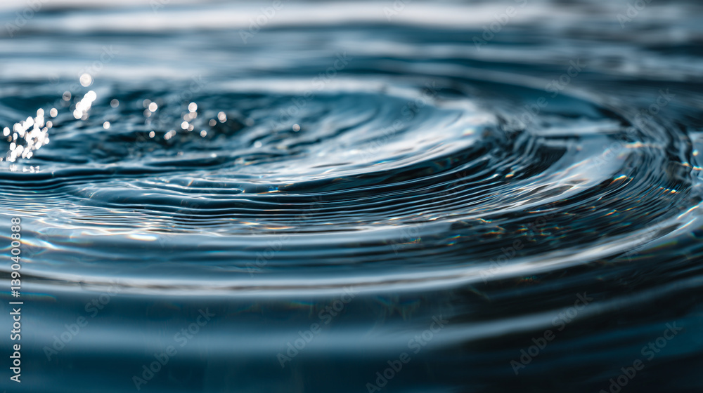 Poster close up shot of water ripples creating concentric circles with visible light reflections on the sur