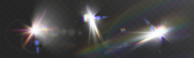 Glowing light effects with transparency, lens flare, radiant beams, starbursts, and luminous sparkles for overlays and design.
