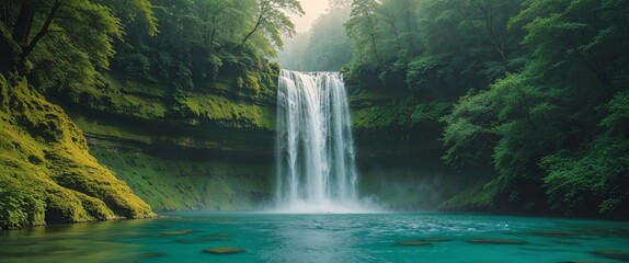 Serene waterfall cascading into a tranquil pool of water