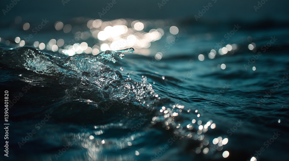 Aufkleber a close up shot of a wave cresting in the ocean with bokeh lights in the background on a dark day
