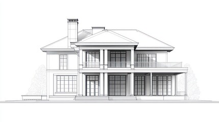 Architectural drawing of a large house, exterior view, blueprint style