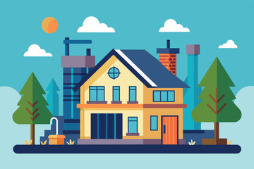 Fototapeta premium A cartoon illustration depicting a two-story house with a blue roof, two trees, clouds, and a sun in the sky.