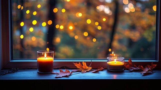 Cozy autumn atmosphere with candles and warm lights by the window - Powered by Adobe